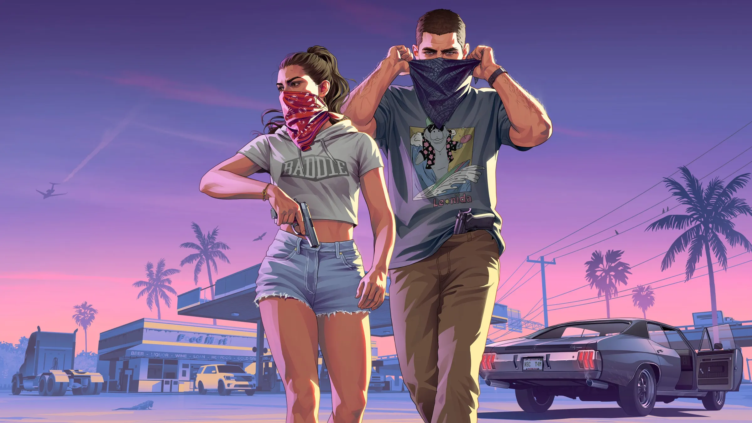 Illustrated artwork shows Lucia holding a pistol and Jason raising a face covering beside a car beneath a pink and purple evening sky.