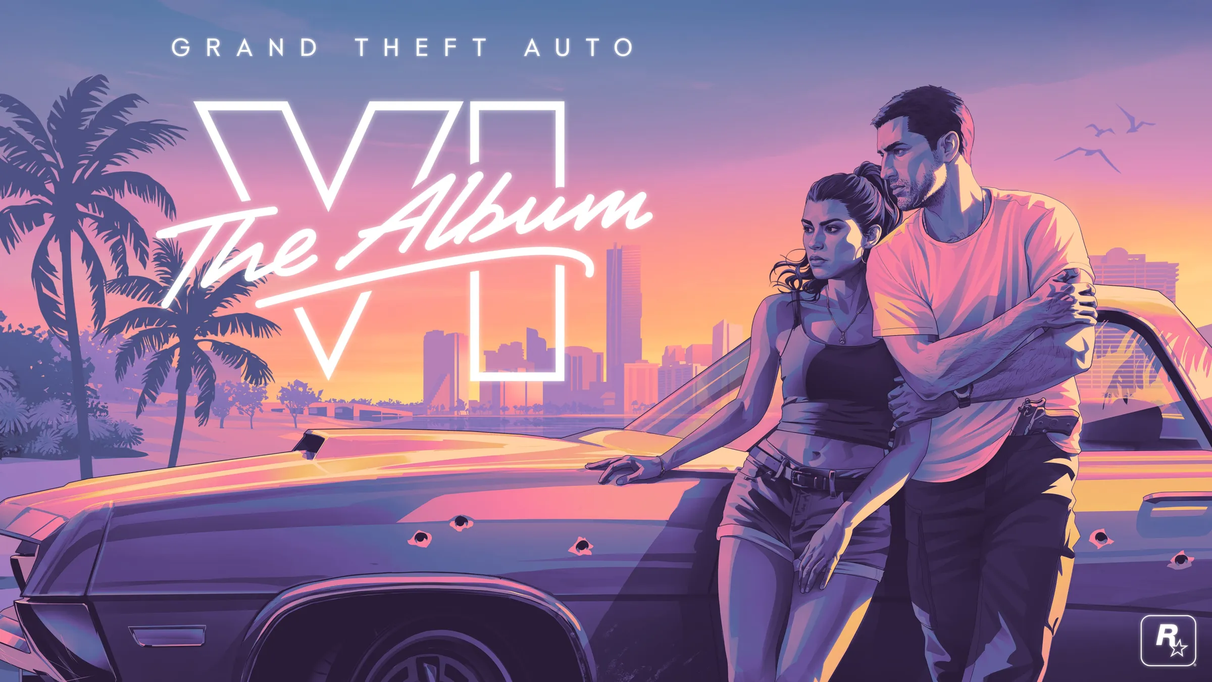 Album artwork shows Jason and Lucia embracing beside a classic car beneath a pink city sunset and the GTA VI album title.