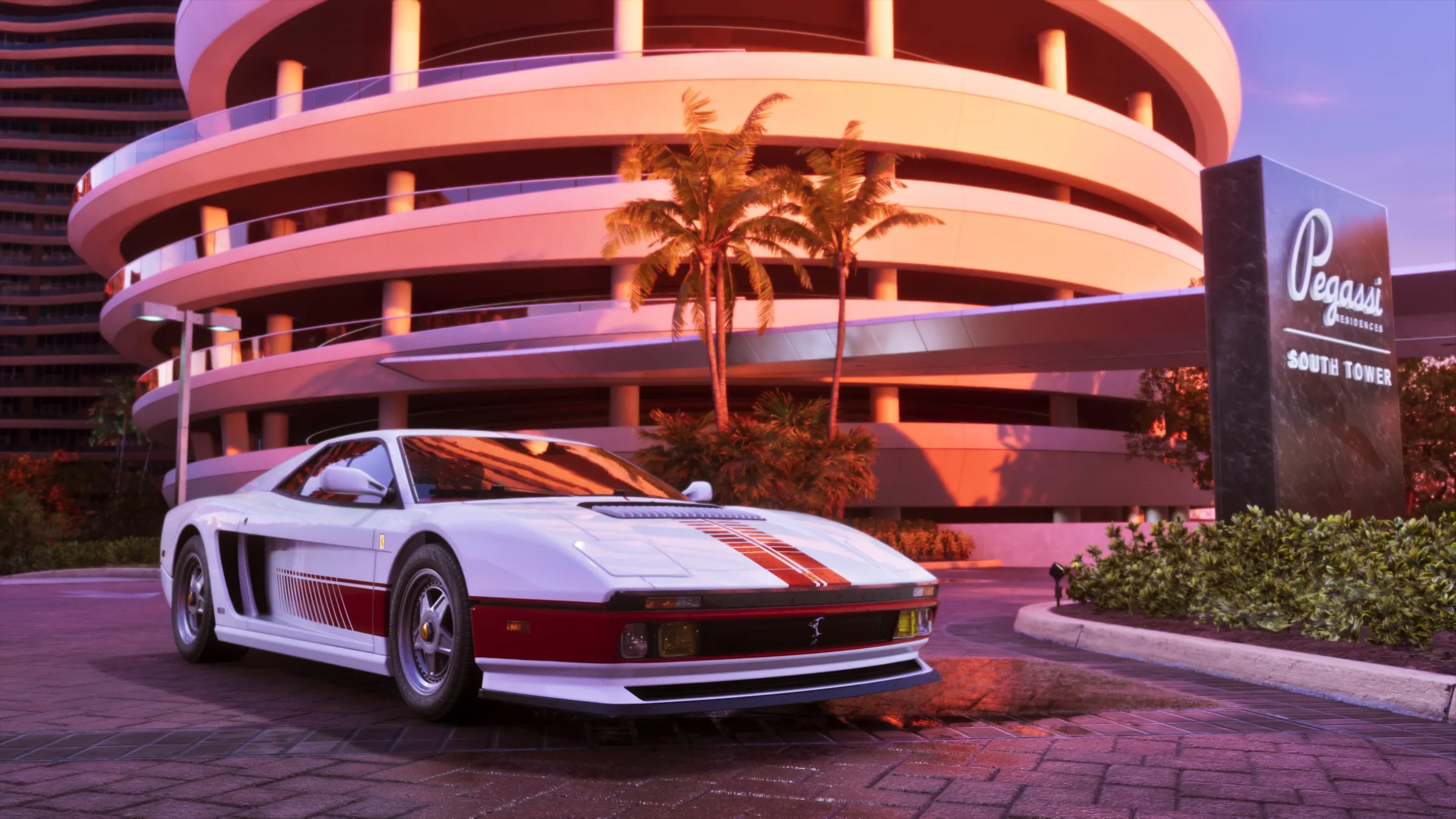 A white sports car with red racing stripes sits outside a curved modern tower in warm pink evening light.