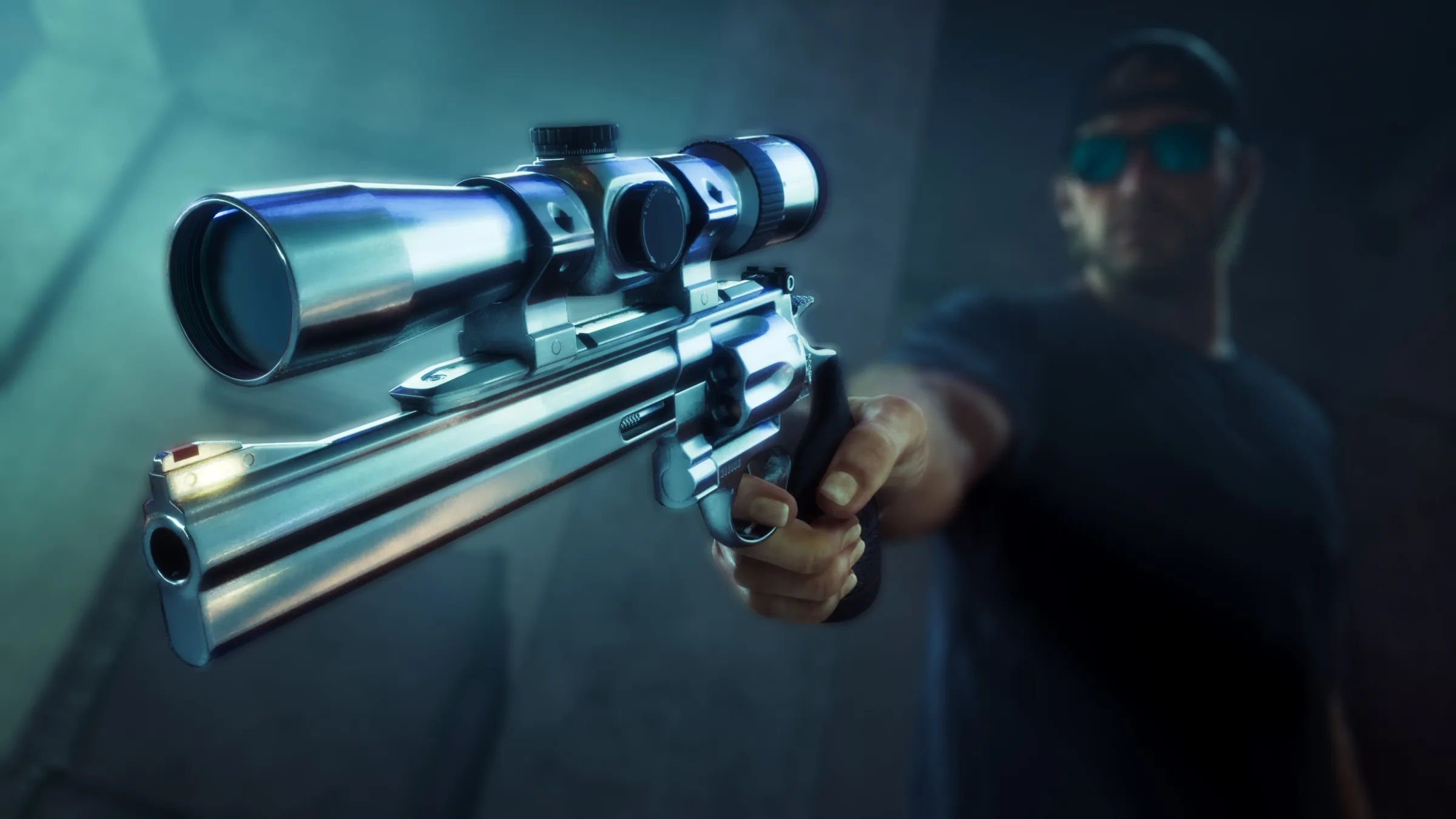 A man aims a polished silver revolver fitted with a large scope through blue-green haze.