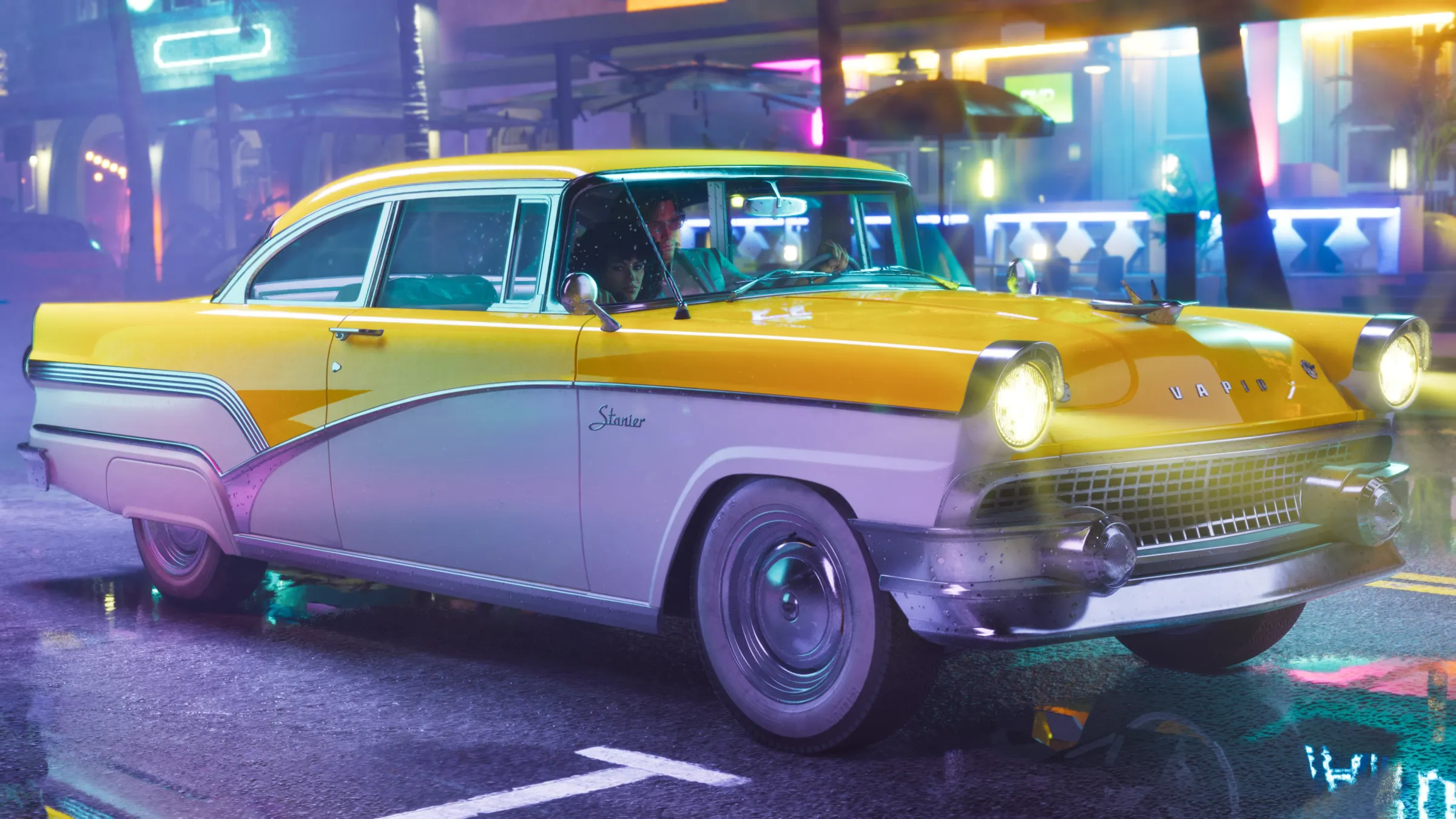 A yellow and white classic Stanier sedan drives along a wet neon-lit street at night.